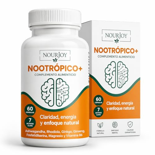 NOURJOY Nootrópico Natural - Memoria, Concentración y Energía Mental con Ashwagandha y Ginkgo Biloba 60 Cápsulas