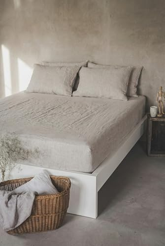 Ger3as Leinen Spannbettlaken – 100% Stonewashed Leinen – Rundumgummi – Atmungsaktiv, Temperaturregulierend & Hautfreundlich – Ohne Kissenbezüge (Natürliche Farbe, 180 x 200 +30 cm)