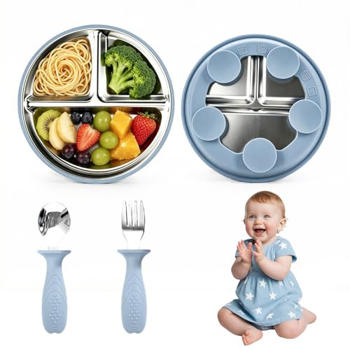 Anluomafuy Coffre per Pasti per Bambini, Piatto in Acciaio Inox con Ventosa in Silicone+Forchetta e Cucchiaio, Stoviglie Antiscivolo per Neonati, Senza BPA, Promuove l’Autonomia Alimentare