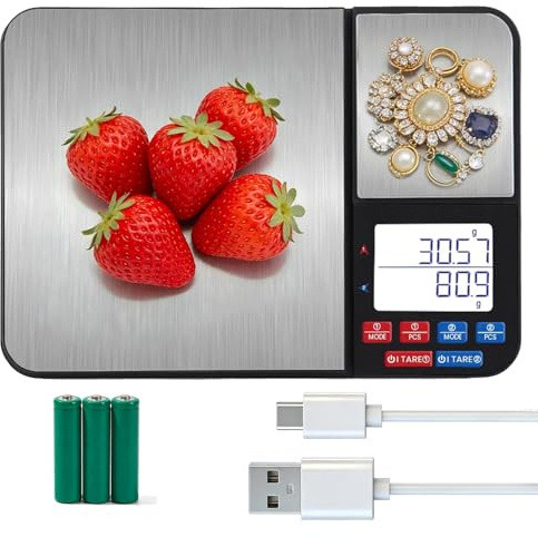 Nikou Báscula de cocina de doble plataforma, báscula de cocina recargable de acero inoxidable de 5 kg/0,01 g, báscula de alimentos de alta precisión con pantalla LCD, características de PC, tara para