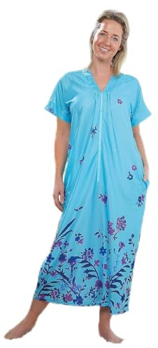 Coopers of Stortford - Zip Front Kaftan Aqua - Lightweight Flowing Beach Cover-Up Dress - Easy Care Machine Washable Polyester with Pockets (Aqua, M-L)