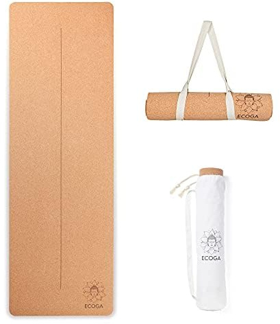 Ecoga Cork Yoga Mat With Alignment Lines - Thick Mat with Natural Rubber Base - Nonslip, Eco-friendly Pilates Mat for Stretching, Gym Workout & Therapy - Includes Yoga Mat Bag and Carry Strap