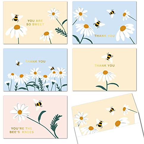 Gooji 4x6 Bee & Dasiy Gold Foil Thank You Cards (Bulk 20-Pack) Matching Peel-and-Seal Envelopes | Assorted Set, Watercolor, Birthday Party, Baby Shower, Weddings, Greeting, Blank Notes