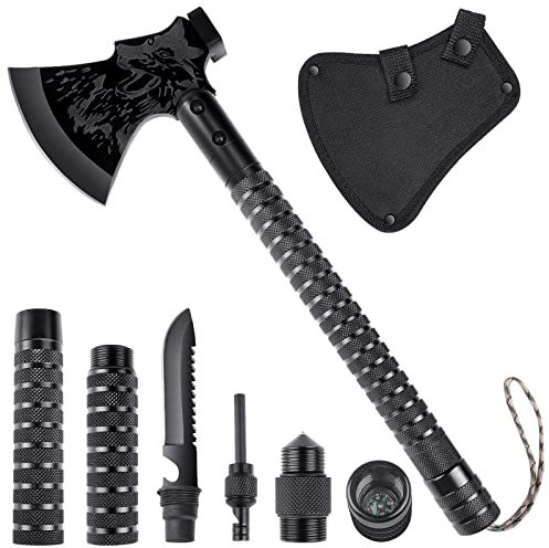 Japaknives Survival Axt 10 in 1, Spaltaxt für Holz, Schärfe Camping Beil, Multitool Campingäxte mit Outdoor Messer und Kompass,Handbeil mit Geschenkbox Schwarze äxte Set für Camping, Jagd, Garten