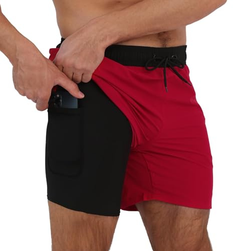 Arcweg Bañador para Hombre con Forro de Compresión 2 en 1 de Secado Rápido con Forro Corto Elástico para la Playa con Bolsillos con Cremallera Negro + Rojo XL(EU)
