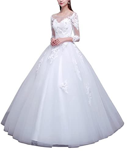 YOUCAI Robe de Mariée Longue Robe de Bal A Line Tulle Demi Manche Robe de Soirée Mariage Princesse, Blanc, EU38