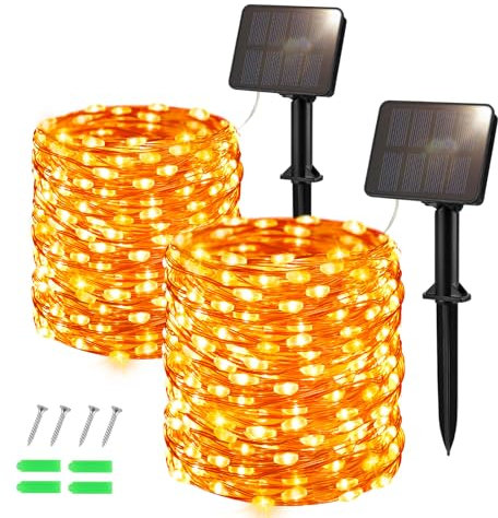 Dalugo [2 Pack] Orange Solar Fairy Lights, 12M/40Ft 120 LED Orange Halloween String Lights Copper Wire Waterproof Solar Powered Fairy Lights for Halloween, Autumn Decorations
