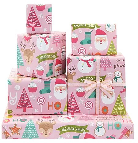 Weihnachts-Geschenkpapier, rosa, 6 Blatt Papier mit 3 m rosa Band, 52x75 cm, für Kinder, Mädchen, Frauen, einzigartiges Weihnachts-Dekopapier und Weihnachtsgeschenkpapier, Babyparty, Geburtstag