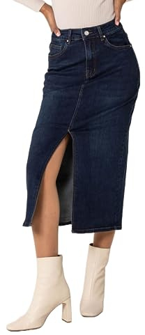 Nina Carter P215 Gonna da donna in denim, vita alta, fino alla caviglia, con spacco frontale, gonna lunga, con cerniera, elasticizzata, aspetto sbiadito, XS