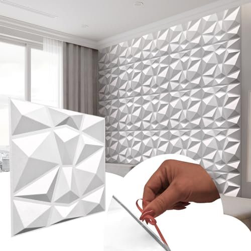 Panneaux 3D autocollants - Panneaux muraux en plastique PVC - Pour chambre de jeu, mur, plafond - Aspect diamant - 12 pièces/3 m² - Montage facile - Blanc 94