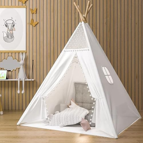 Snewvie Teepee Tent for Kids,Children Teepee Play Tents,Canvas Tipi Tent for Kids,White Play Tents Indoor Outdoor,Portable Foldable Princess Castle,Birthday Holiday Party,Gifts