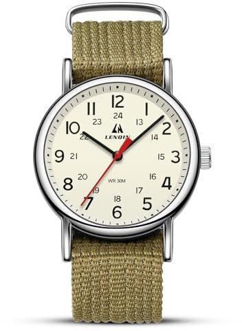 LN LENQIN Herrenuhren Militär Uhr Analog Quarz Uhren Armee Uhren Herren Wasserdicht Armbanduhren Sportuhr mit Nylonband (Olive Silber Gelb)