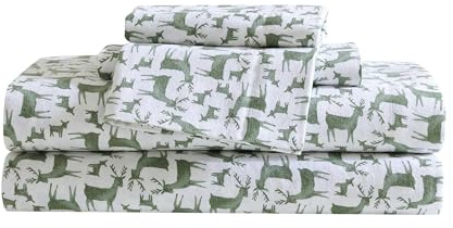Eddie Bauer - Sábanas tamaño Individual, Juego de Ropa de Cama de Franela de algodón, Cepillado para Mayor suavidad, decoración acogedora del hogar, Certificado Oeko-Tex (Deer Camp Green, Individual)