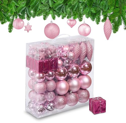 Relaxdays Set 110 Bolas Árbol Navidad, Decoración Navideña Plástico, Adornos Colgantes, Espumillones, Rosa, 9 x 8 cm