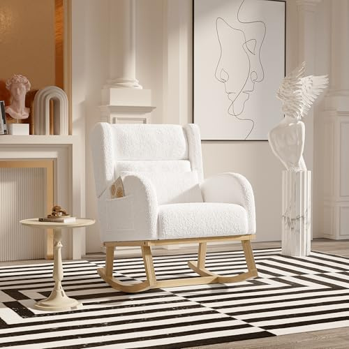 KOOPMAD - Silla mecedora con 2 bolsillos laterales, Rocking Chair con respaldo trasero, Rocking Chair Lactancia Soft Side,Tejido de lana de cordero,Beige (D)