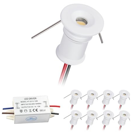 HHTUN 902 Led Downlight DC12V 1W, adatto per librerie, armadi e vari armadi da esposizione come luci decorative, installazione incorporata, con alimentatore (4000K, bianco, 9Pack)