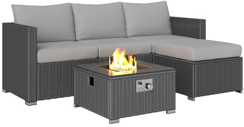 Outsunny 5 Piece Rattan Garden Furniture Set with Gas Fire Pit Table, 4 Seater Outdoor Sectional Sofa Set with Footstool and Removable Cushions, Modular Combination, Grey
