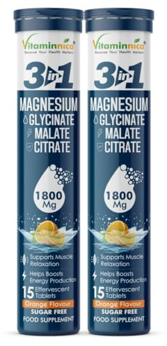 Vitaminnica Magnesium 3-in-1-30 Effervescent Tablets Orange Flavour – High Absorption Magnesium Malate, Citrate & Glycinate – Energy, Muscle Function & Relaxation – Sugar Free