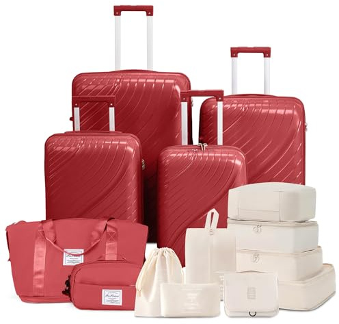 Karl home Luggage Sets of 6, PP Hardshell Suitcase Sets with 8 Packing Organization Cube, Carry on Checked Luggage with Spinner Wheels TSA Lock, Cabin Suitcase for Women Men, Red