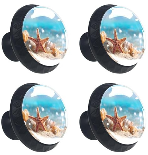 Lot de 4 boutons de tiroir de commode ronds en verre cristal avec vis pour cuisine, salle de bain, chambre d'enfant, chambre d'enfant (étoile de mer et coquillages sur fond bleu océan)