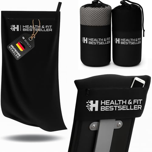 Serviette de fitness premium Health & FIT avec poche à glissière – Serviette de sport en microfibre, séchage rapide et compacte, idéale pour le gym et l’entraînement (Noir)