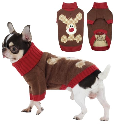 Hjumarayan Jersey Navidad Perro - Diseño con Reno Sueter Perro Ropa Cálido con Apertura para Correa, para Pomerania, Yorkshire Terrier, Caniche Toy, Marrón S