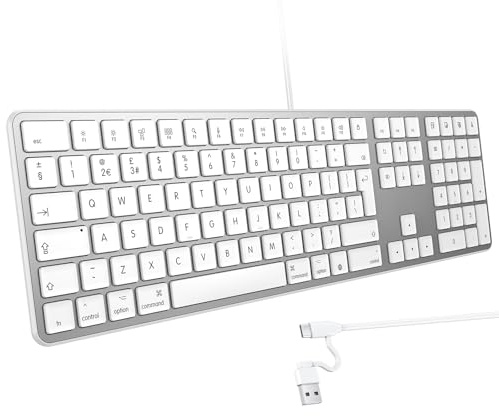 OMOTON Wired Keyboard for Mac with Number Keypad, USB and Type-C Dual Interface Full-Size Office Keyboard Compatible with Apple Mac Pro, iMac, Mac Mini, MacBook Pro/Air, QWERTY UK Layout, Silver