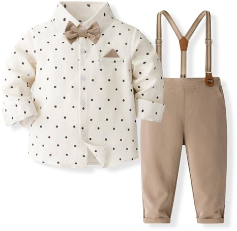 Volunboy Baby pojkar kostym set kläder, småbarn långärmad skjorta med fluga hängslen byxor 4 stycken kostym, Dot-khaki, 12-18 månader