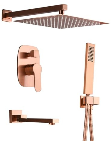 QIYFOZ Juego de Mezclador de Ducha Empotrado, Cabezal de Ducha Monomando de Agua fría y Caliente, Cabezal de Ducha de Lluvia Oculto y Juego de Manguera, Oro Rosa