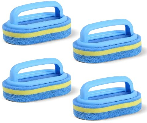 4 Spugna per Pulizie con Manico,Spazzola in Microfibra a 3 Strati per Cucina, Bagno, Piscina, Piastrelle - Pulizia Profonda Senza Graffiuti, Rimuove Grasso Ostinato e Calcare