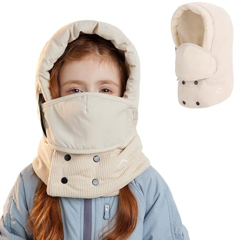 TAGVO Termisk balaklava barn manchester fleece mössa med halsvärmare vindtät justerbar helansiktsmask pojkar flickor 3–8 år utomhus vinter, Beige, one size