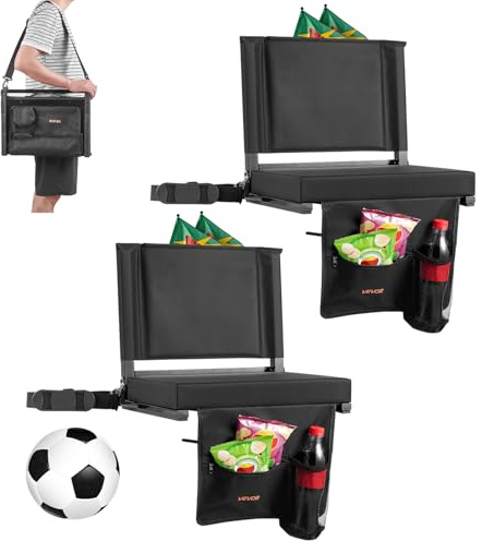 VEVOR Siège de stade pliable, 2 pcs, chaise de gradin avec dossier et coussin épais, chaise de stade rembourré avec bandoulière, crochets, porte-gobelet et poche latérale, pour événement sportif, noir