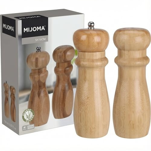 MIJOMA Set di macinasale e pepe in effetto legno – Set da 2 pezzi manuale – 150 ml – macina in ceramica e testa – moderno set di macinaspezie alto 16 cm