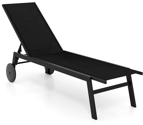 COSTWAY Sonnenliege mit Rollen, Gartenliege mit Verstellbarer Rückenlehne und schnelltrocknendem Stoff, Rollliege bis 150kg belastbar, Liegestuhl für Garten, Balkon, Terrasse (Schwarz)