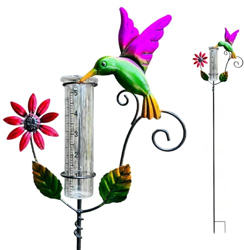 Jonuin Pluviómetro paraJardín, Pluviómetro de Vidrio para Exteriores, Pluviómetro de Metal Resistente a la Intemperie con Diseño de Colibrí y Flor para Césped, Parterres, Ppatio y Jardín