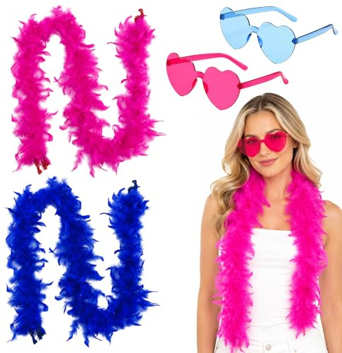 4PCS Feather Boa, Feather Scarf Set with Pink Boa, Blue Feather and Heart-Shaped Glasses, for Carnival, Music Festival, Role-Playing, Stage Performance and Bachelor Party Decoration