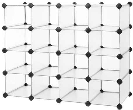SONGMICS Shoe Rack with 16 Cubes, Interlocking Plastic Shoe Organizer, DIY Storage Cabinet for Closet Entryway Bedroom Garage, Space Saving Design, 12 x 35.1 x 27.2 Inches, Transparent ULPC445W02