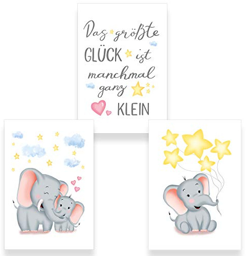 ChicResult 3er Set Wandbilder ELEFANT mit Spruch für Babyzimmer - Deko Poster Mädchen oder Jungen, Kinderposter, Kinderzimmer Dekoration, Wandspruch (3x DIN A4 ohne Bilderrahmen)
