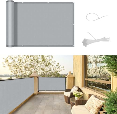 SUNNY GUARD Frangivisto Balcone 90x600cm Protezione Privacy,Protezione UV,Antivento e Impermeabile Copri Ringhiera Balcone per Giardino terrazza con Fascetta,Grigio