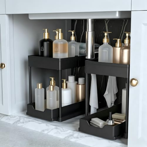 petisal Lot de 2 organiseurs sous évier et rangement avec tiroir coulissant, étagère à 2 niveaux sous évier de salle de bain, armoire multifonction pour économiser de l'espace pour