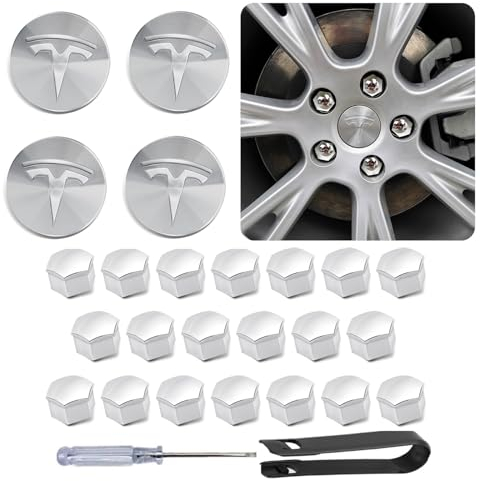 Tesla Model 3/Model Y Wheel Cap Kit (Silver), 4 Hub Center Caps + 20 Lug Nut Covers
