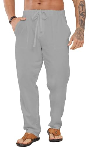LVCBL Pantaloni da uomo in lino, lunghi e larghi, con coulisse, con tasche, traspiranti, protezione solare, grigio chiaro, XXXL