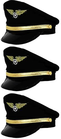 Schwarze Pilotenmütze für Erwachsene – schwarzer Hut mit goldfarbenen Details – perfekt für Fernseh-/Filmcharakter, Piloten-Kostüme und andere Kostümveranstaltungen