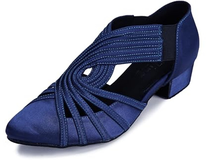 YYTing Women Swing Latin Salsa Ballroom Dance Shoes (Closed Toe, Suede Sole) YT12(9.5,Dark Blue)