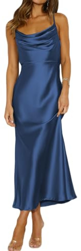 Mogidol Summer Satin Spaghetti Strap Cowl Neck Backless Midi Dresses for Women Elegant Tie Low Back Ruched Cocktail Dress Navy
