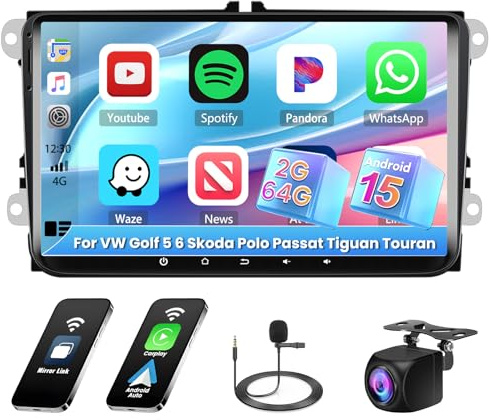 [2G+64G] Hikity Bilradio för VW Golf Passat Caddy Polo Jetta S-Eat Android 13 Trådlös Car Carplay Android Auto med 9 i GPS Bluetooth WiFi RDS EQ FM USB SWC Mic Bakre Kamera
