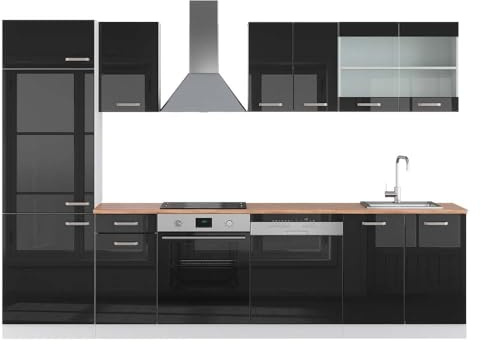 Vicco Küchenzeile R-Line, Schwarz Hochglanz/Weiß, 300 cm, AP Eiche, zur individuellen Anordnung und Erweiterung der Module geeignet