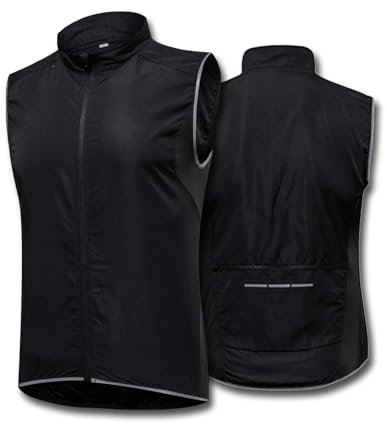 Reflekterande cykelväst för män med 3 fickor Softshell vindtät cykelväst utomhus löparväst Lätt andas cykelväst Stativ krage Ärmlös varningsväst,Black-L