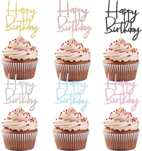 DazzJoy 24 Stück Geburtstag Tortendeko - Happy Birthday Kuchen Deko, Glitzer Muffin Deko - 9,8x5cm Cupcake Deko, 6 Farben