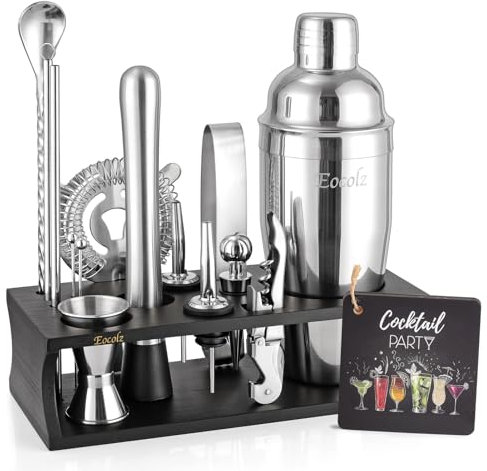 Cocktail Making Set, Cocktail Shaker Set 750ml Stainless Steel Bar Tool Set Bartender Kit with Bamboo Display Stand for Home & Bar (Black Silver - 17PCS)